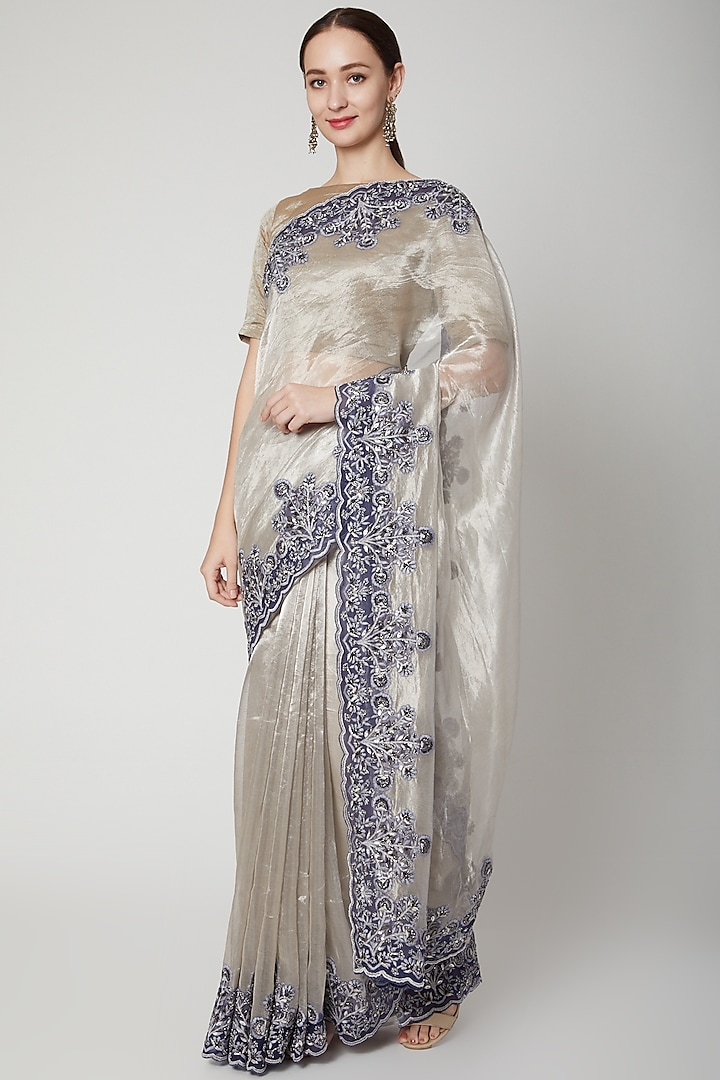 Silver Floral Embroidered Saree Set by Dev R Nil