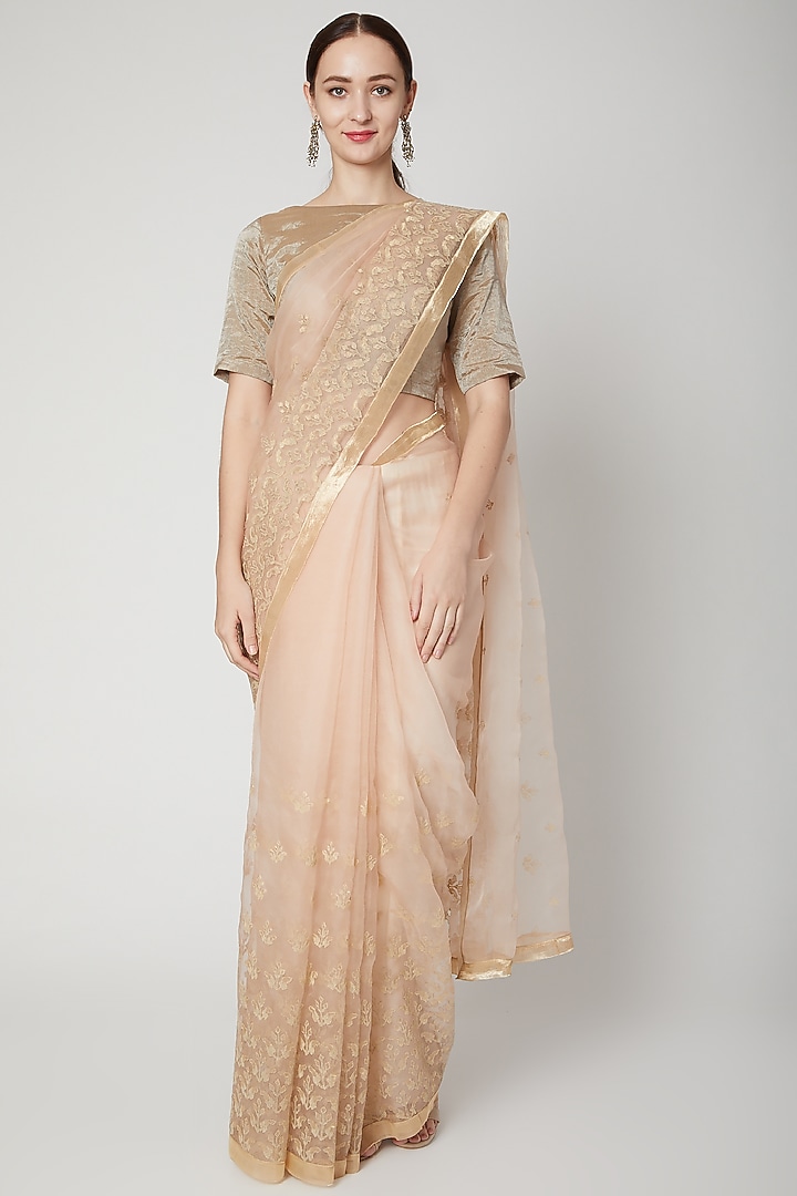Blush Pink Resham Embroidered Reception Saree Set by Dev R Nil at Pernia's Pop Up Shop