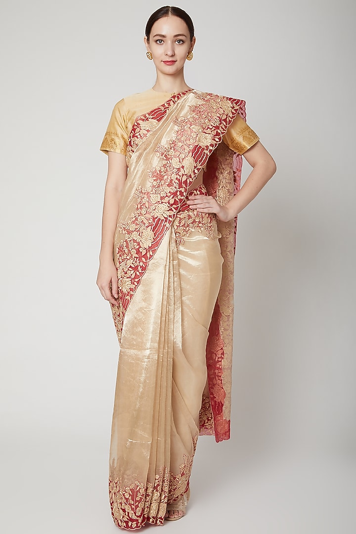 Gold & Red Embroidered Reception Saree Set by Dev R Nil at Pernia's Pop Up Shop