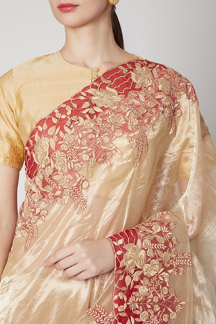 Gold & Red Embroidered Reception Saree Set by Dev R Nil at Pernia's Pop Up Shop