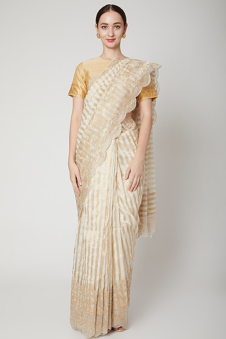 Off White Sequins Embroidered Saree Set by Dev R Nil at Pernia's Pop Up Shop