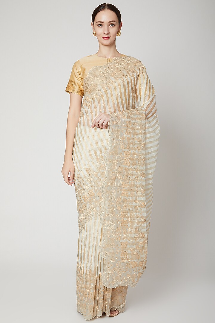 Off White Sequins Embroidered Reception Saree Set by Dev R Nil at Pernia's Pop Up Shop