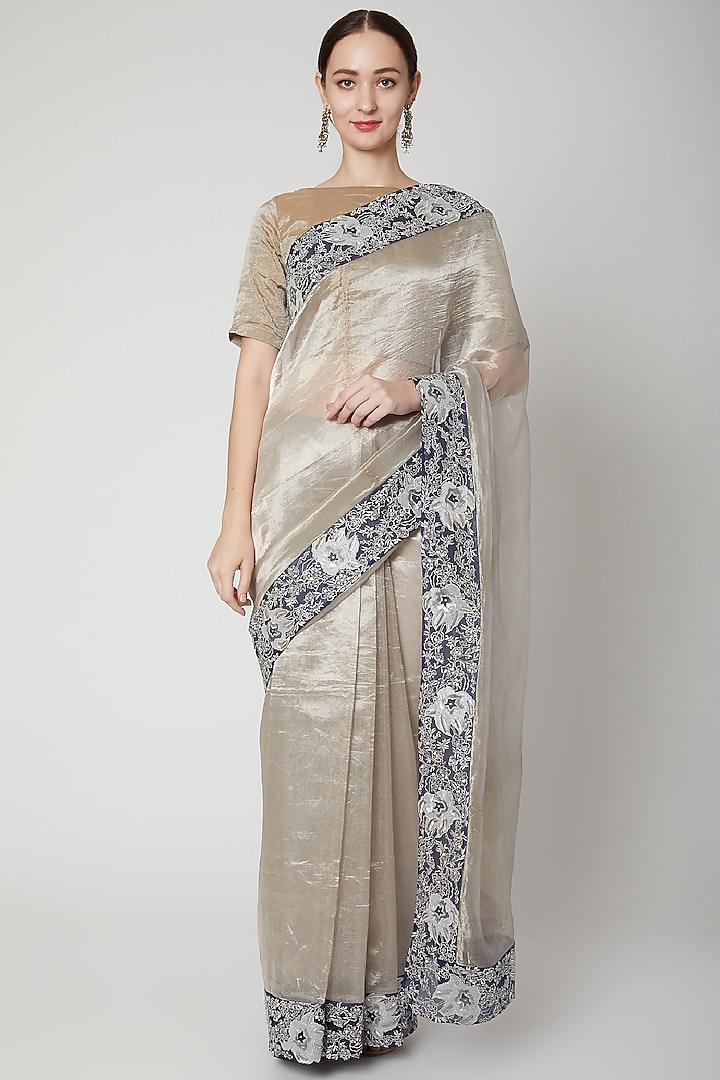 Grey Sequins & Zari Embroidered Saree Set by Dev R Nil