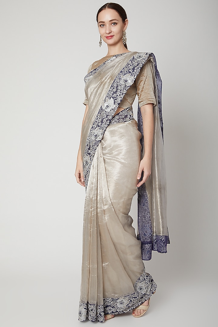 Grey Sequins & Zari Embroidered Wedding Saree Set by Dev R Nil at Pernia's Pop Up Shop