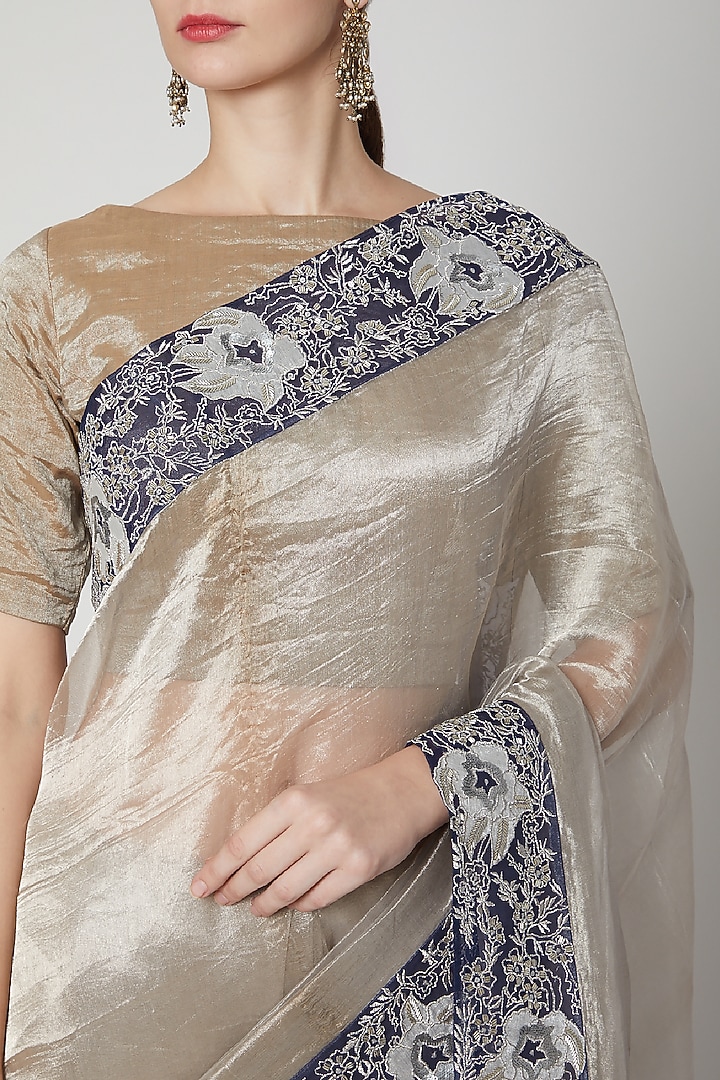 Grey Sequins & Zari Embroidered Wedding Saree Set by Dev R Nil at Pernia's Pop Up Shop