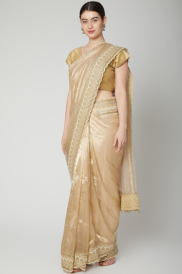 Gold Gota Embroidered Reception Saree Set by Dev R Nil at Pernia's Pop Up Shop