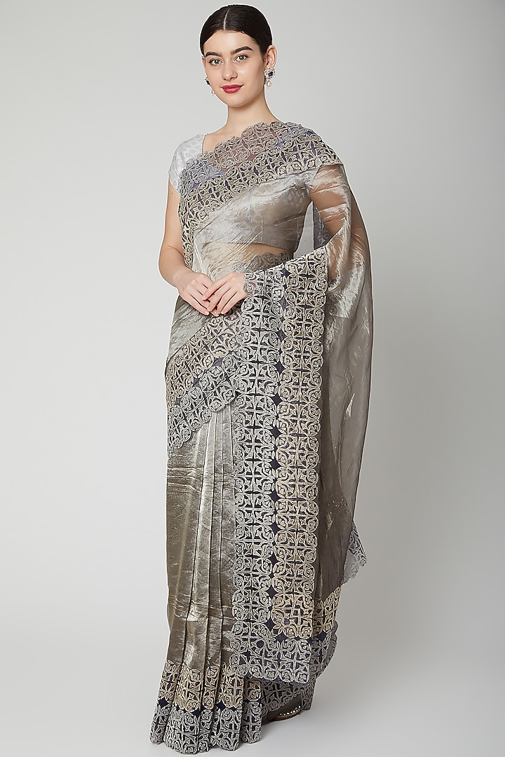 Grey Appliques Embroidered Saree Set by Dev R Nil