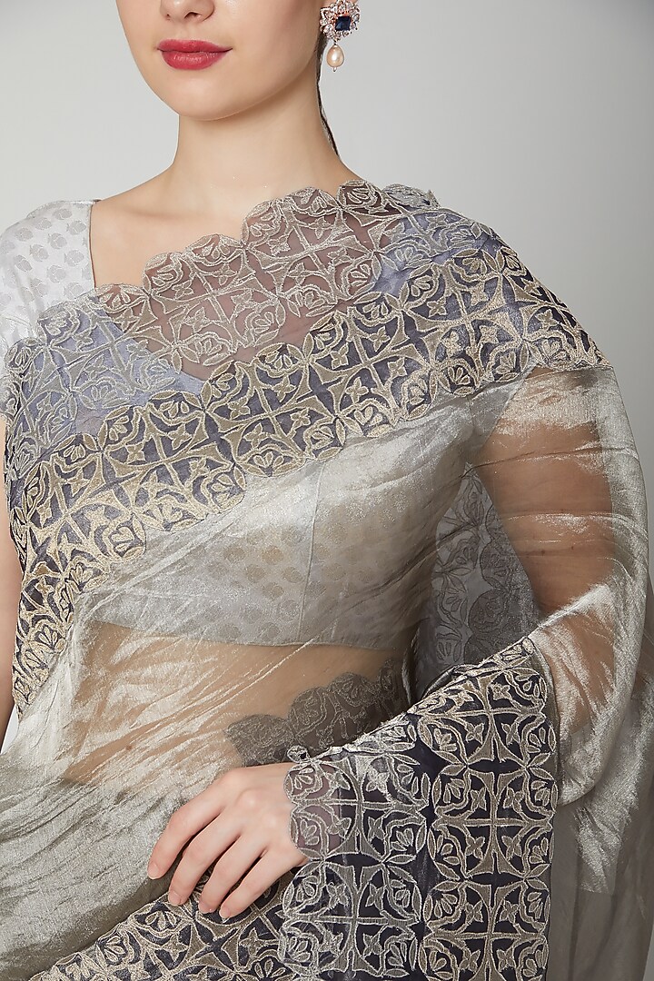 Grey Appliques Embroidered Wedding Saree Set by Dev R Nil at Pernia's Pop Up Shop