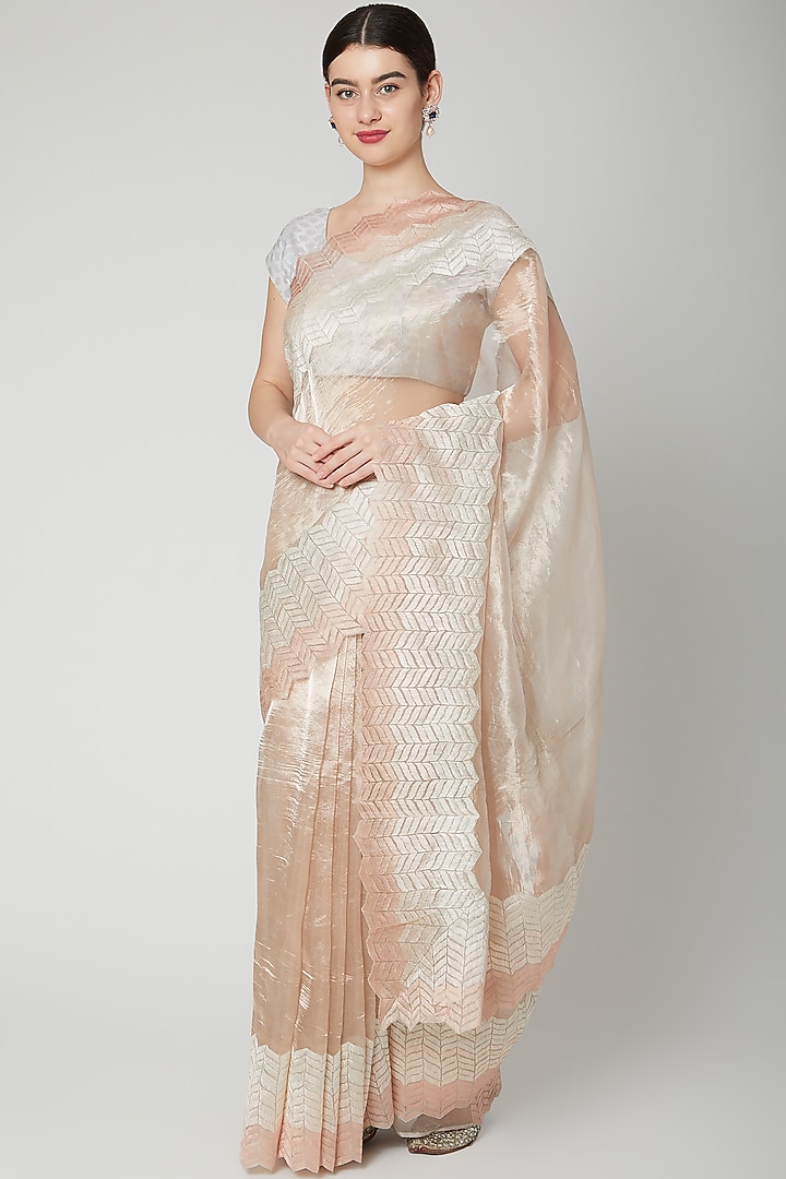 Blush Pink & Silver Embroidered Saree Set by Dev R Nil