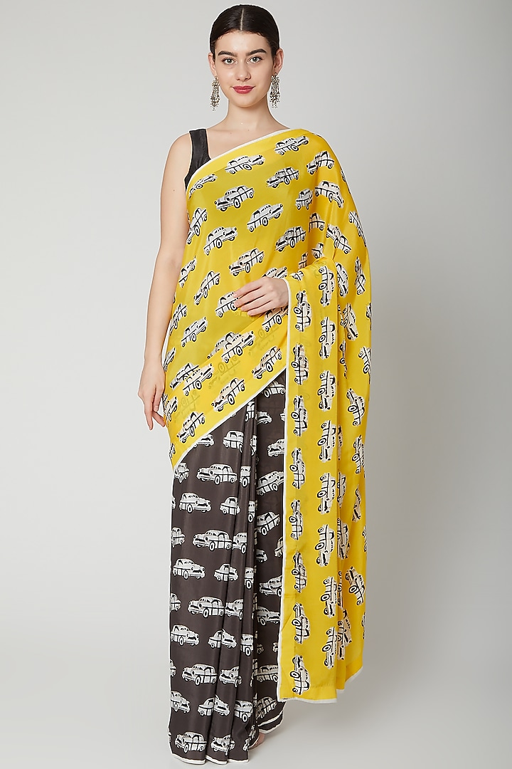 Yellow & Grey Crepe Printed Saree Set by Dev R Nil