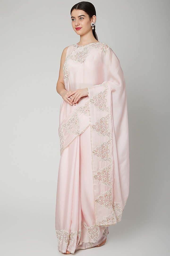 Blush Pink Dabka Embroidered Saree Set by Dev R Nil