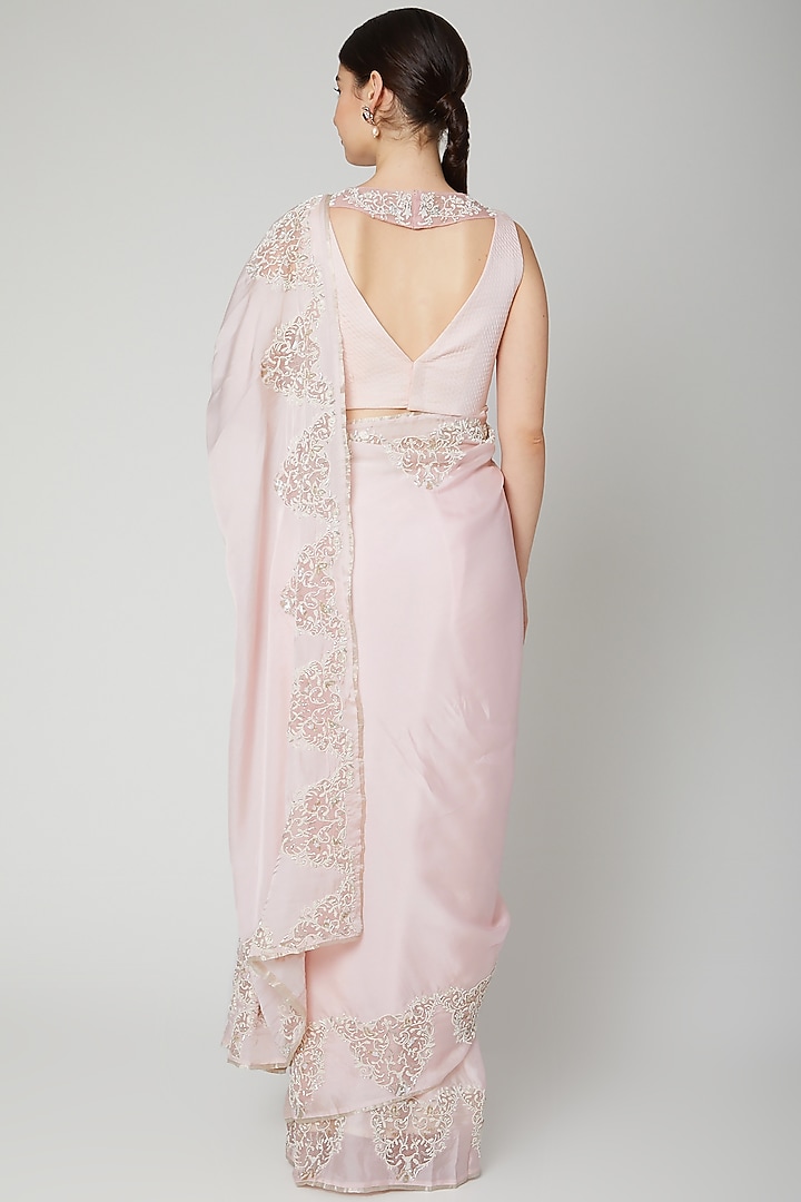Blush Pink Dabka Embroidered Reception Saree Set by Dev R Nil at Pernia's Pop Up Shop