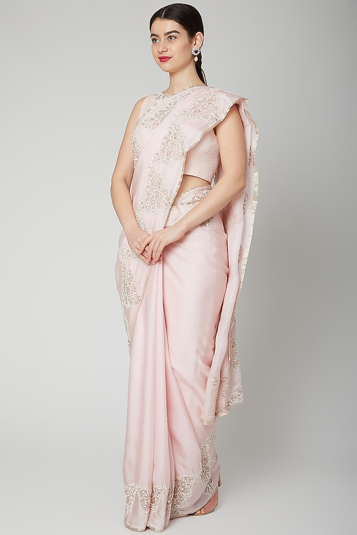 Blush Pink Dabka Embroidered Reception Saree Set by Dev R Nil at Pernia's Pop Up Shop