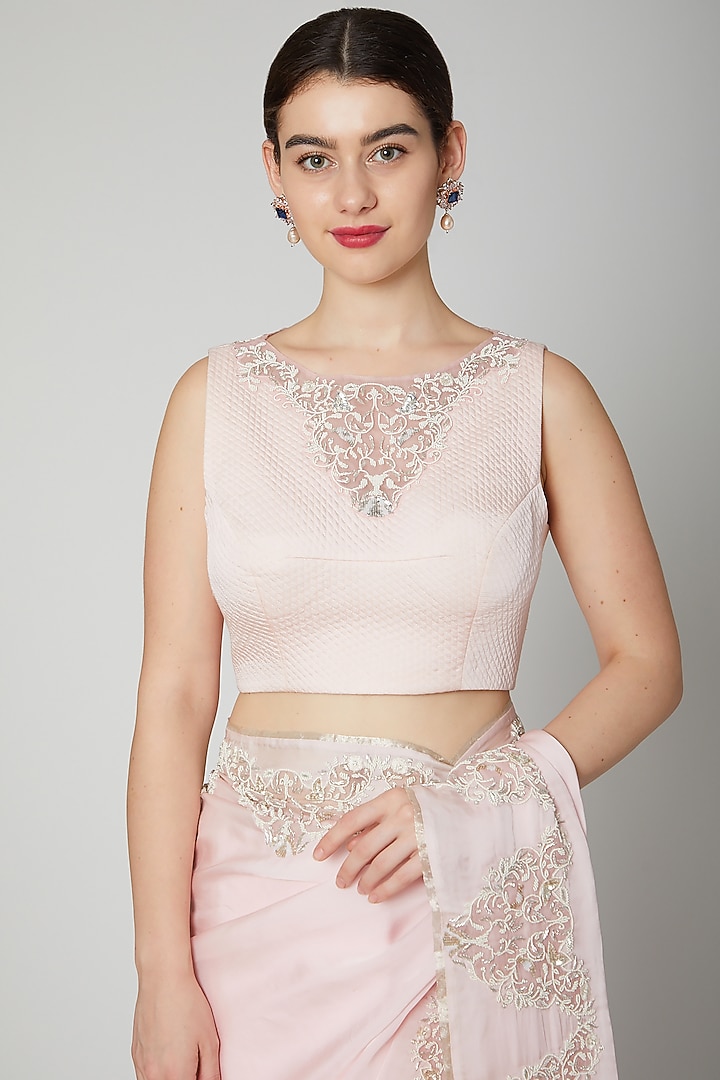 Blush Pink Dabka Embroidered Reception Saree Set by Dev R Nil at Pernia's Pop Up Shop