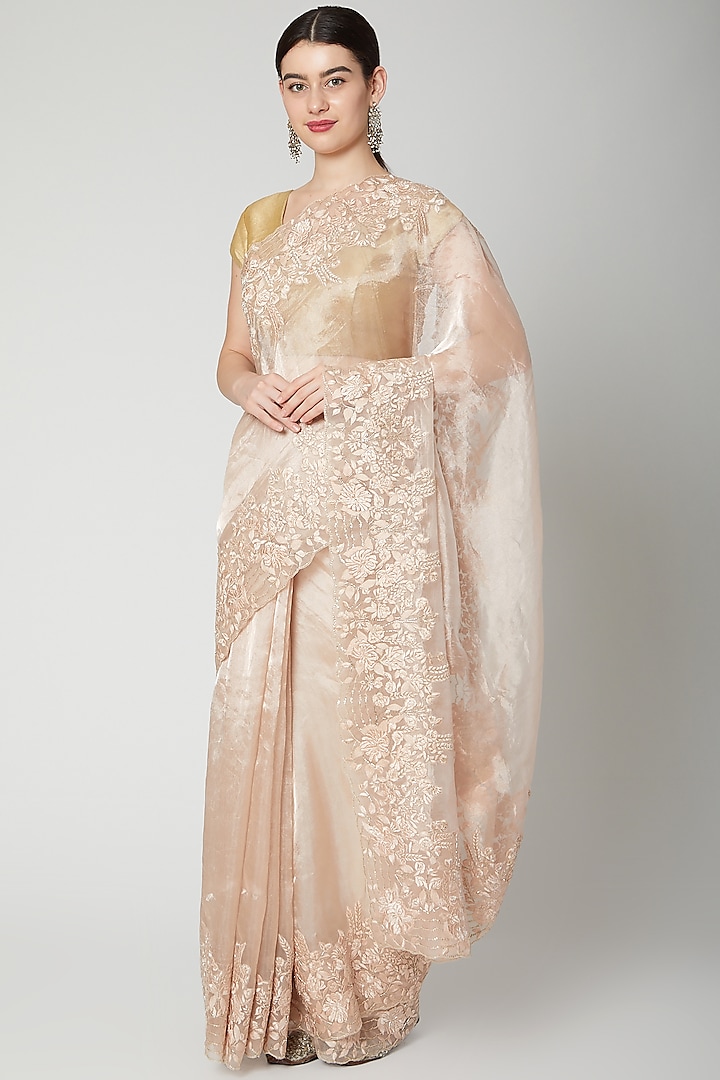 Peach Sequins Embroidered Saree Set by Dev R Nil