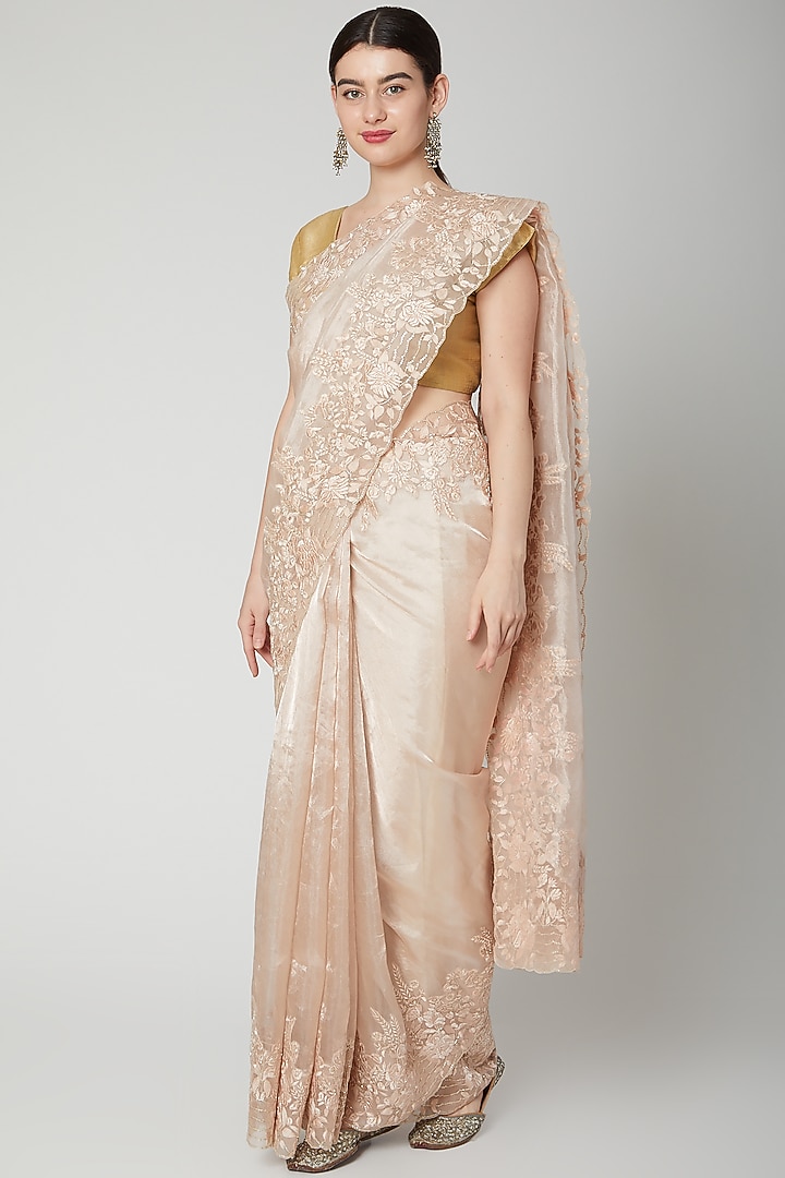Peach Sequins Embroidered Reception Saree Set by Dev R Nil at Pernia's Pop Up Shop