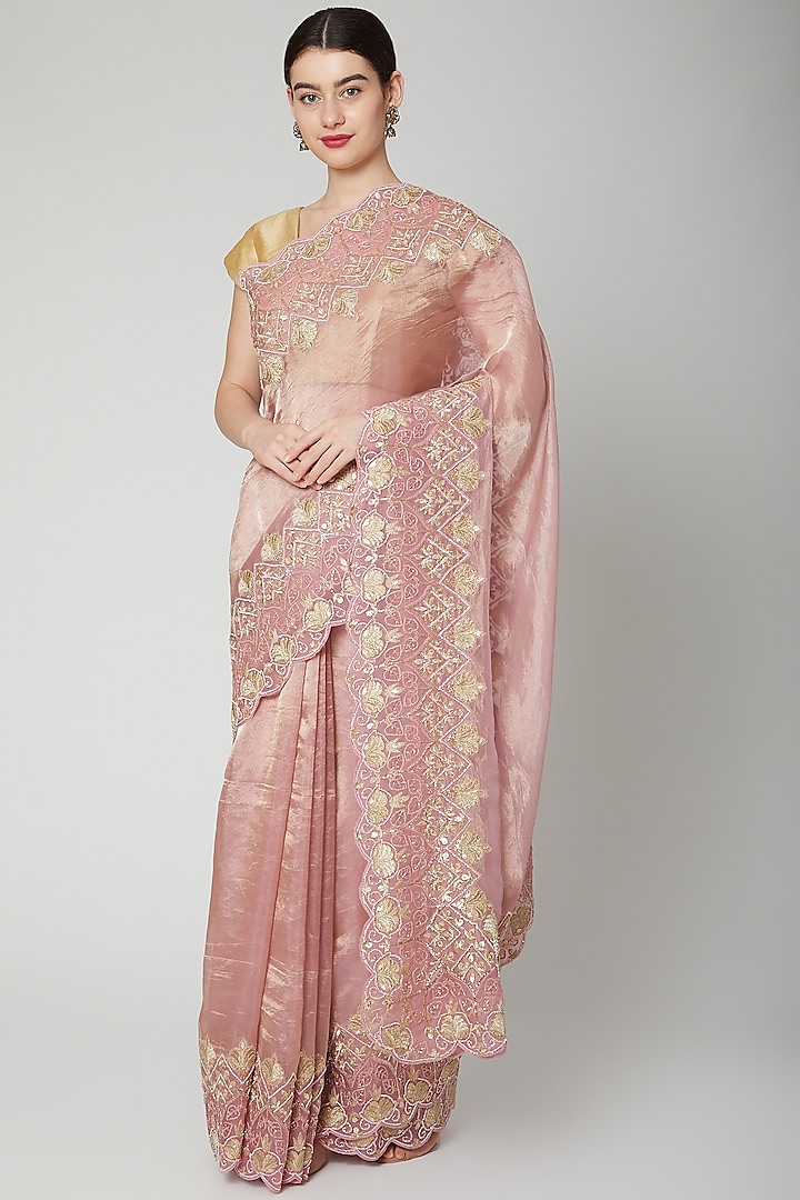Pink & Gold Beads Embroidered Saree Set by Dev R Nil