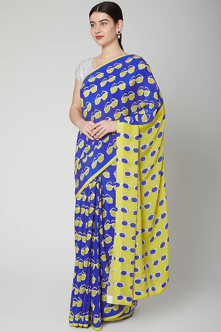 Royal Blue Printed Saree Set by Dev R Nil