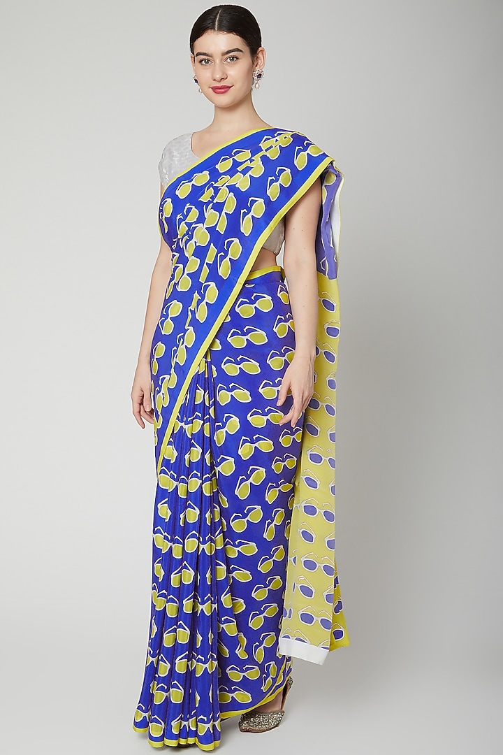 Royal Blue Printed Party Wear Saree Set by Dev R Nil at Pernia's Pop Up Shop