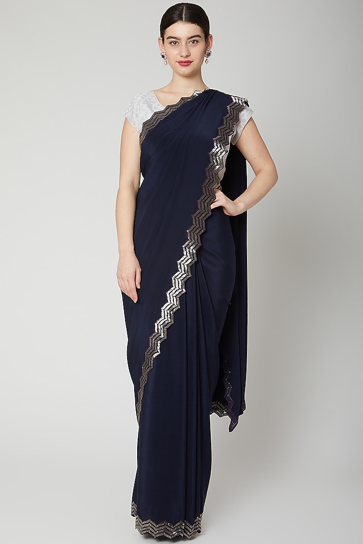 Navy Blue Cutdana Embroidered Reception Saree Set by Dev R Nil at Pernia's Pop Up Shop