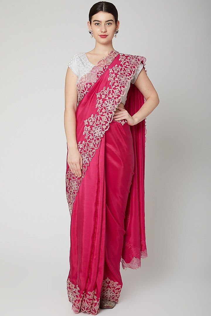 Fuchsia Appliques Embroidered Wedding Saree Set by Dev R Nil at Pernia's Pop Up Shop