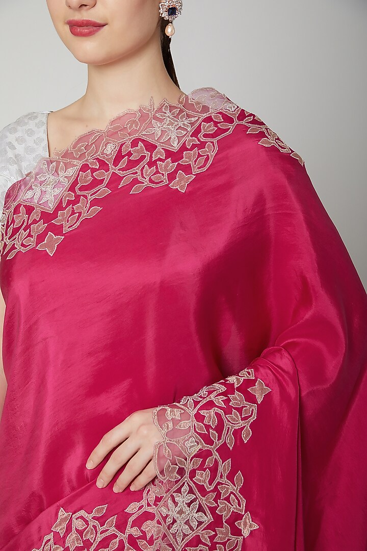 Fuchsia Appliques Embroidered Wedding Saree Set by Dev R Nil at Pernia's Pop Up Shop