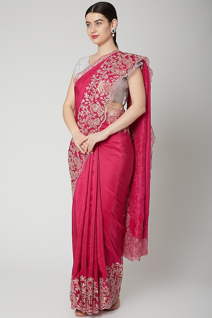 Fuchsia Appliques Embroidered Reception Saree Set by Dev R Nil at Pernia's Pop Up Shop