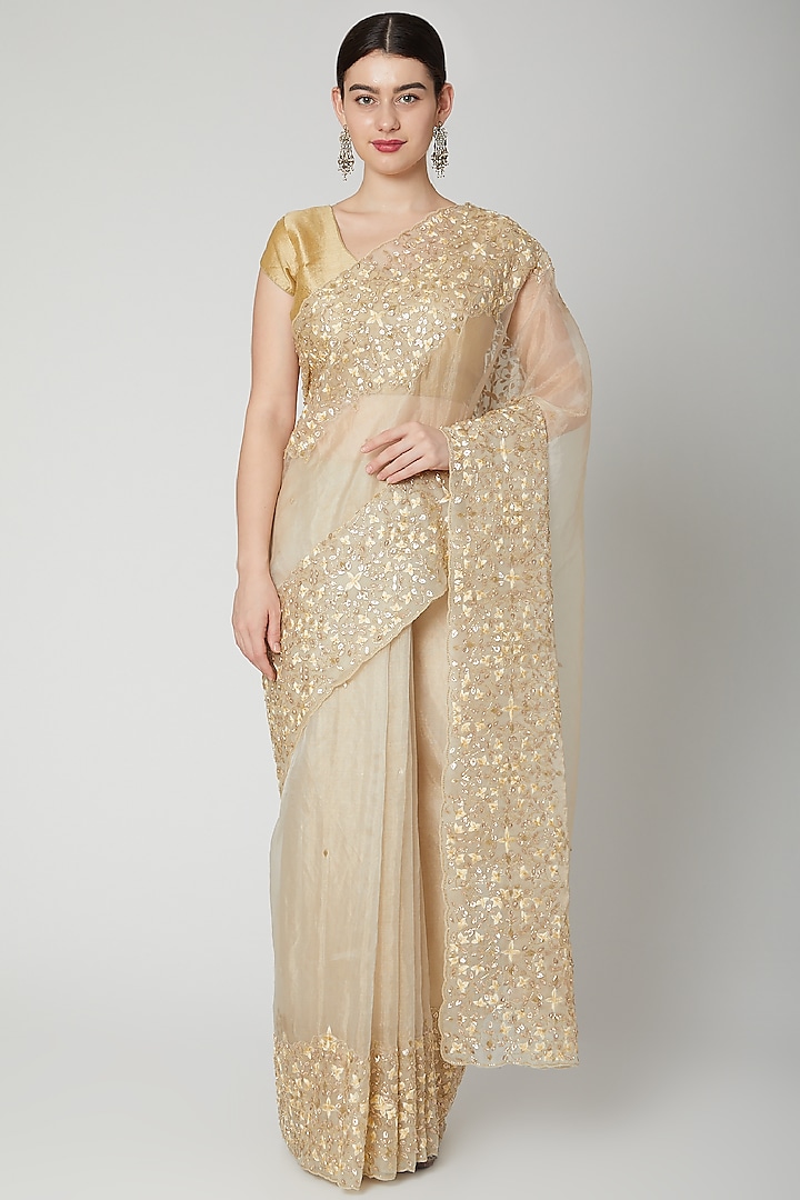Gold Resham Embroidered Saree Set by Dev R Nil