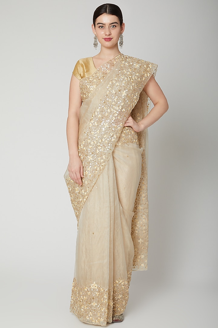 Gold Resham Embroidered Reception Saree Set by Dev R Nil at Pernia's Pop Up Shop
