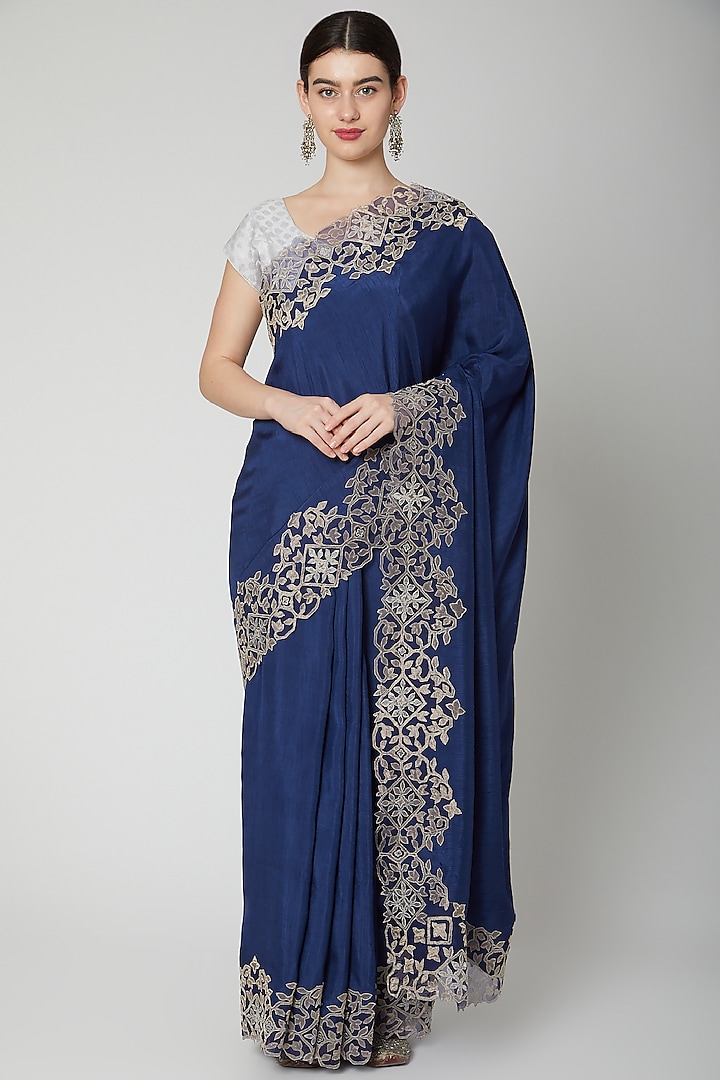Navy Blue Appliques Embroidered Saree Set by Dev R Nil