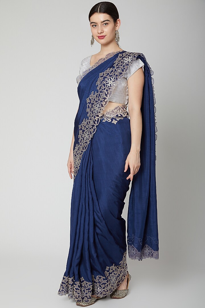 Navy Blue Appliques Embroidered Wedding Saree Set by Dev R Nil at Pernia's Pop Up Shop