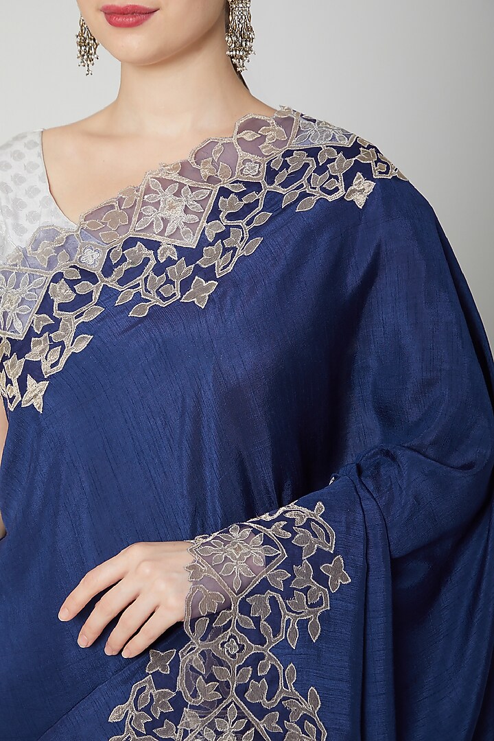 Navy Blue Appliques Embroidered Wedding Saree Set by Dev R Nil at Pernia's Pop Up Shop