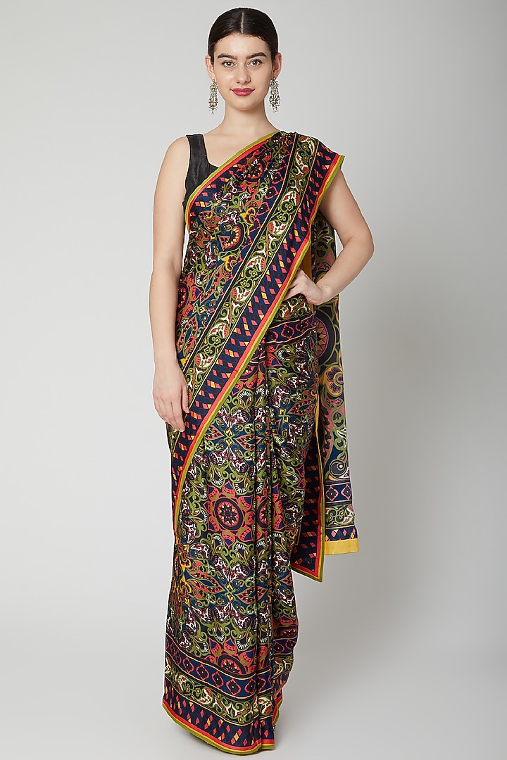 Multi-Colored Satin Scarf Printed Wedding Saree Set by Dev R Nil at Pernia's Pop Up Shop