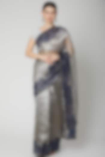 Silver Tissue & Organza Floral Applique Embroidered Saree Set by Dev R Nil
