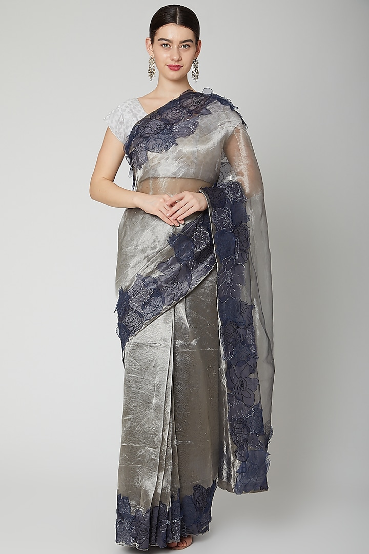 Silver Tissue & Organza Floral Applique Embroidered Saree Set by Dev R Nil