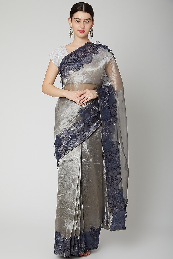 Silver Tissue & Organza Floral Applique Embroidered Saree Set by Dev R Nil