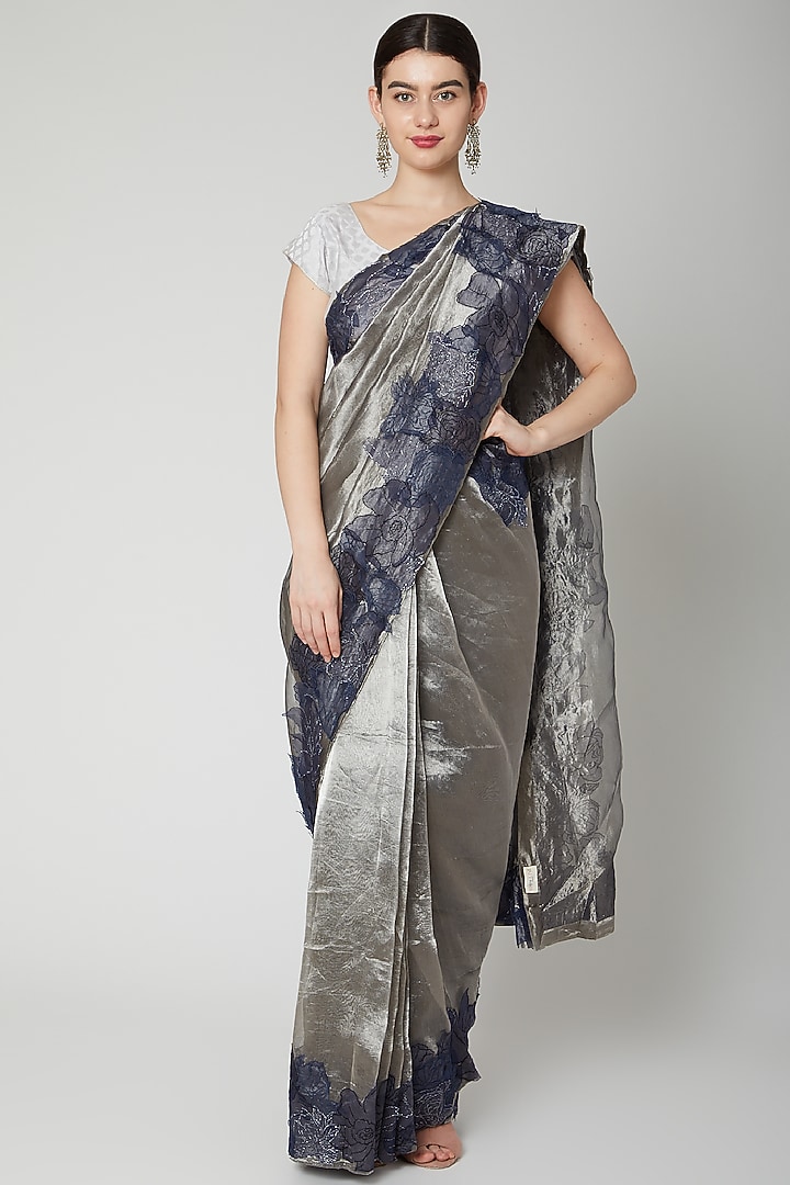 Silver Tissue & Organza Floral Applique Embroidered Wedding Saree Set by Dev R Nil at Pernia's Pop Up Shop
