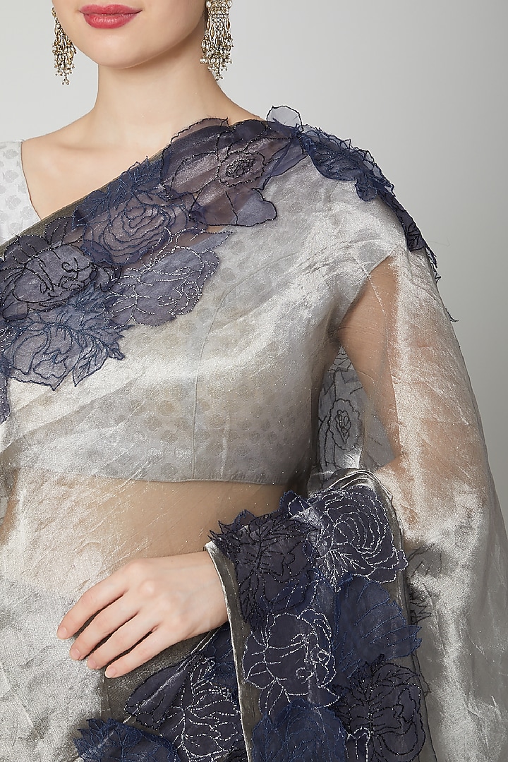 Silver Tissue & Organza Floral Applique Embroidered Wedding Saree Set by Dev R Nil at Pernia's Pop Up Shop