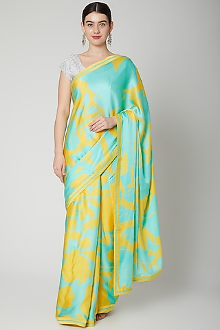Mint Green & Yellow Satin Printed Saree Set by Dev R Nil