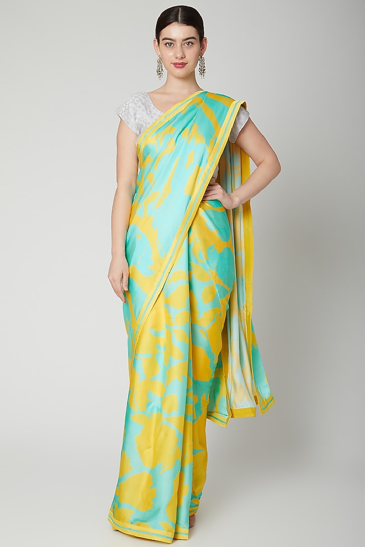Mint Green & Yellow Satin Printed Wedding Saree Set by Dev R Nil at Pernia's Pop Up Shop