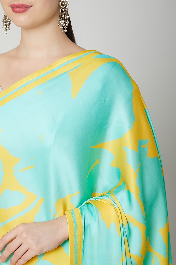 Mint Green & Yellow Satin Printed Wedding Saree Set by Dev R Nil at Pernia's Pop Up Shop