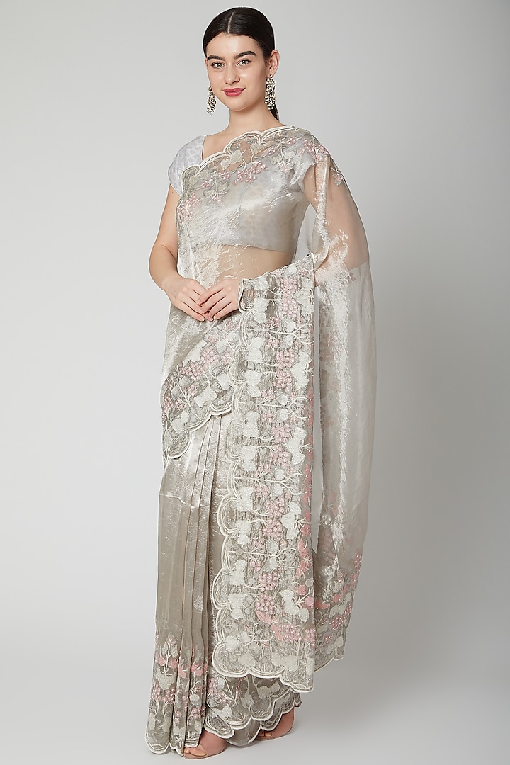 Silver Tissue Zari & Thread Embroidered Saree Set
 by Dev R Nil