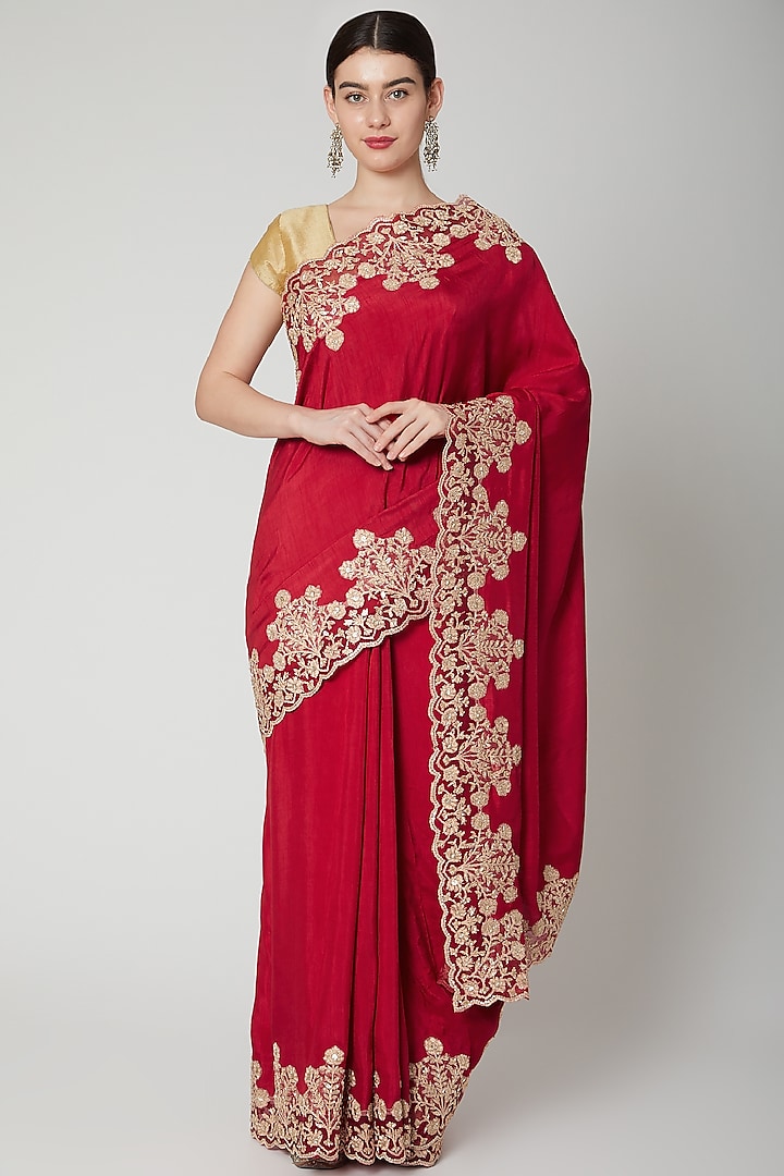 Red Cutdana Embroidered Saree Set by Dev R Nil