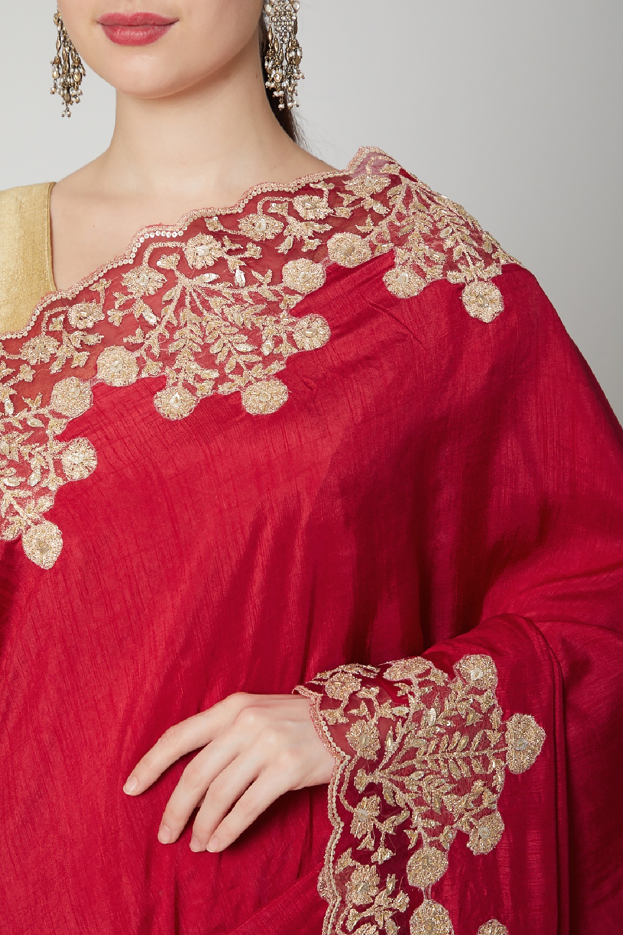 Buy Red Satin Saree With Heavy Zardosi And Stone Work On The Border