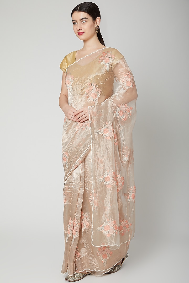 Pale Gold Floral Embroidered Saree Set by Dev R Nil