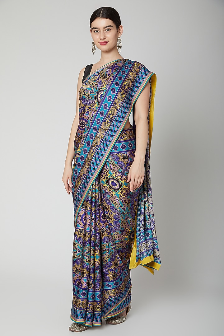 Multi-Colored Satin Scarf Printed Wedding Saree Set by Dev R Nil at Pernia's Pop Up Shop