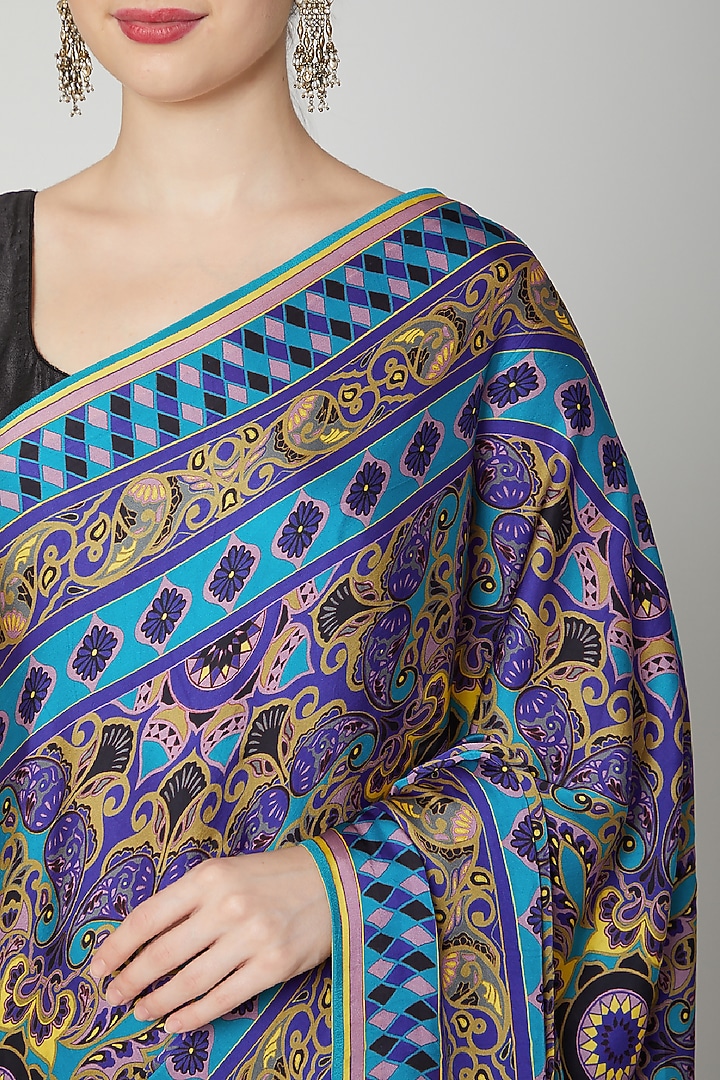 Multi-Colored Satin Scarf Printed Wedding Saree Set by Dev R Nil at Pernia's Pop Up Shop