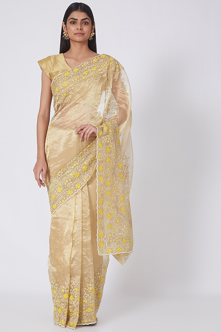 Gold & Yellow Aari Embroidered Saree Set by Dev R Nil
