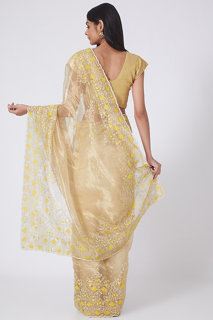 Gold & Yellow Aari Embroidered Wedding Saree Set by Dev R Nil at Pernia's Pop Up Shop
