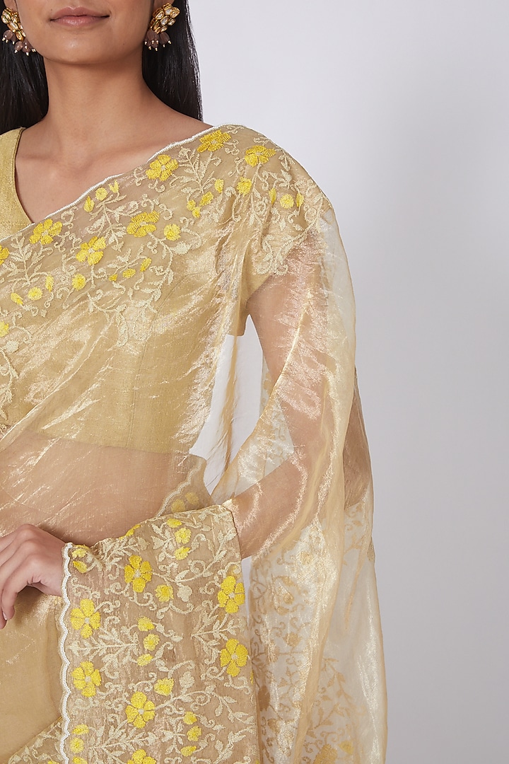 Gold & Yellow Aari Embroidered Wedding Saree Set by Dev R Nil at Pernia's Pop Up Shop